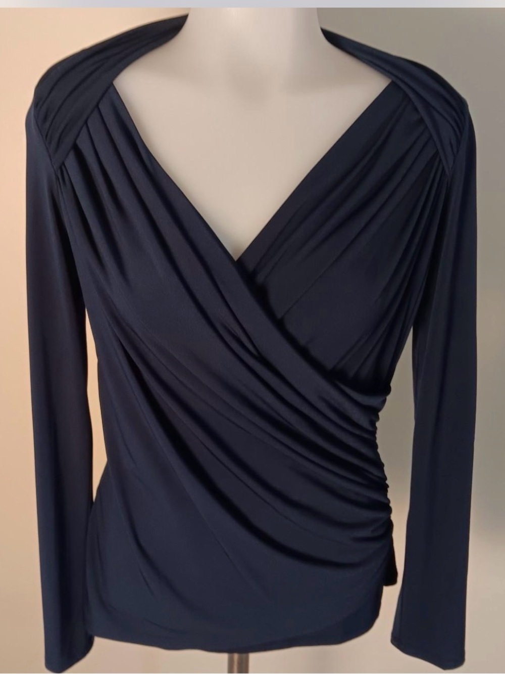 Draped V-Neck Long Sleeve Top - Navy